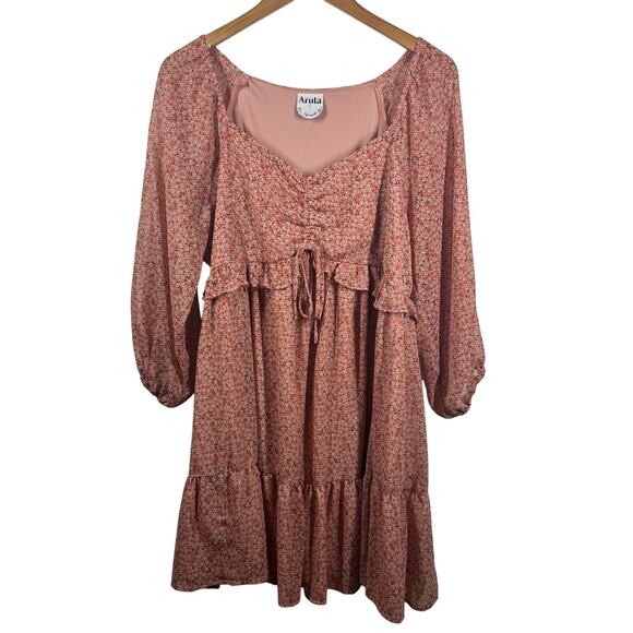 ARULA Dresses & Skirts - Arula Dress Women XL Pink Ditsy Floral Babydoll Mini Tie 3/4 Sleeve Cottage Boho